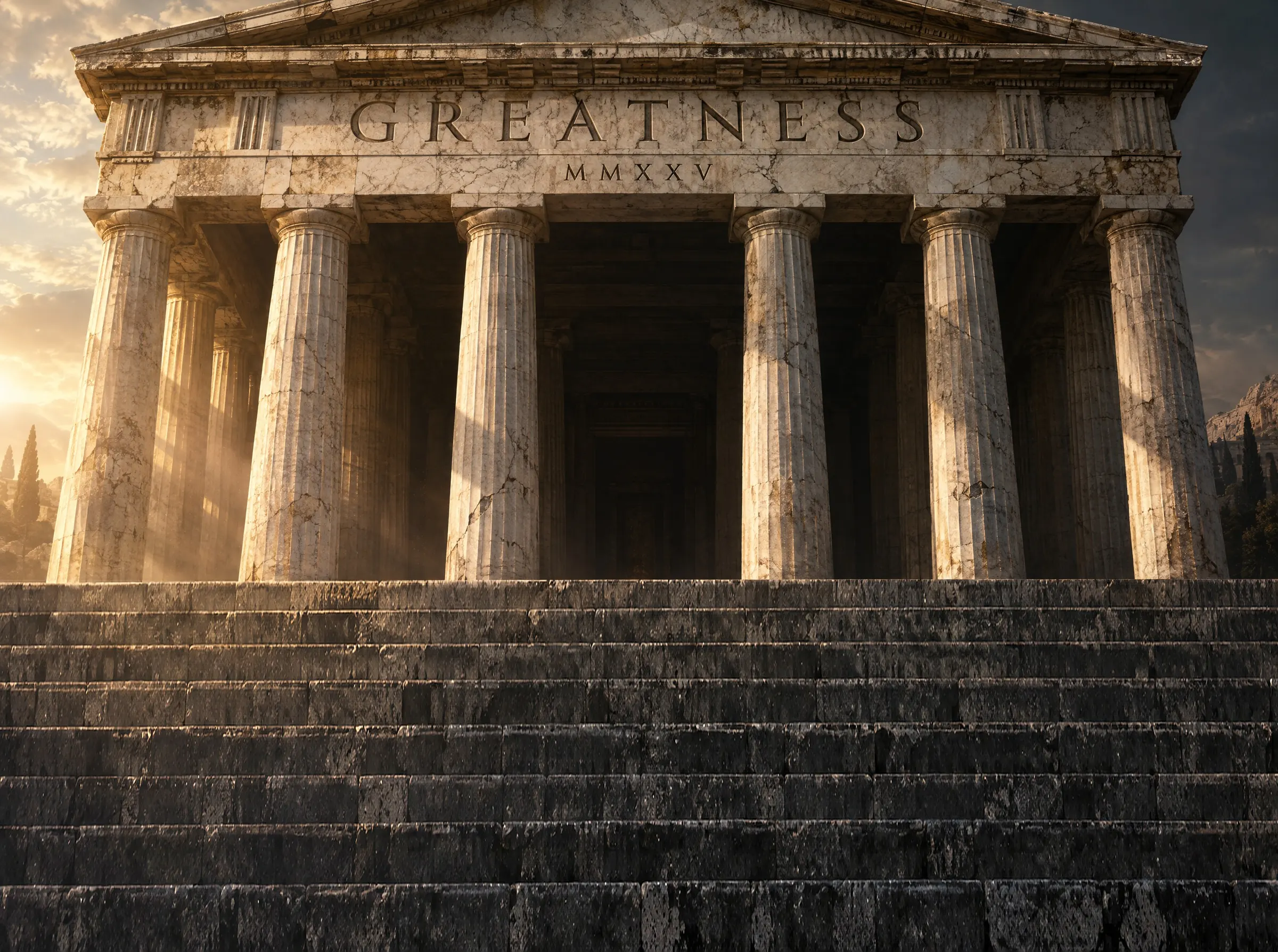 Tempio in marmo con l'iscrizione GREATNESS MMXXV. Sui gradini è scolpito: If the path was easy, everybody would walk it, and it would lead nowhere.