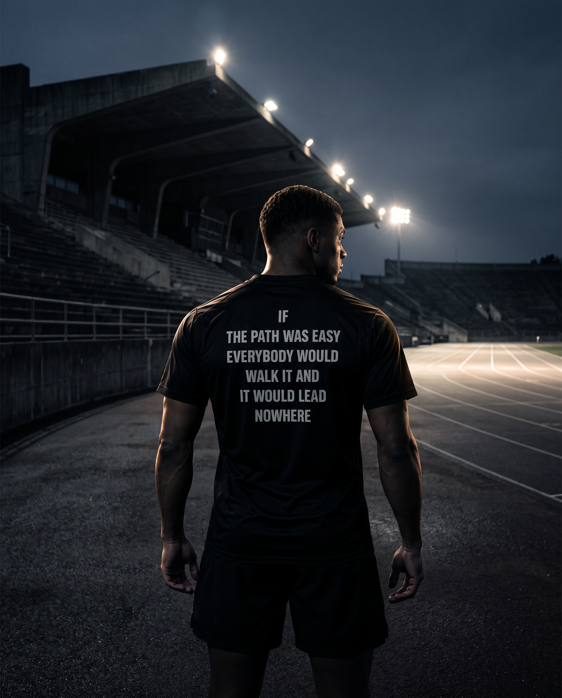 Athlete showing the back message of the GREATNESS Track Tee on an empty running track