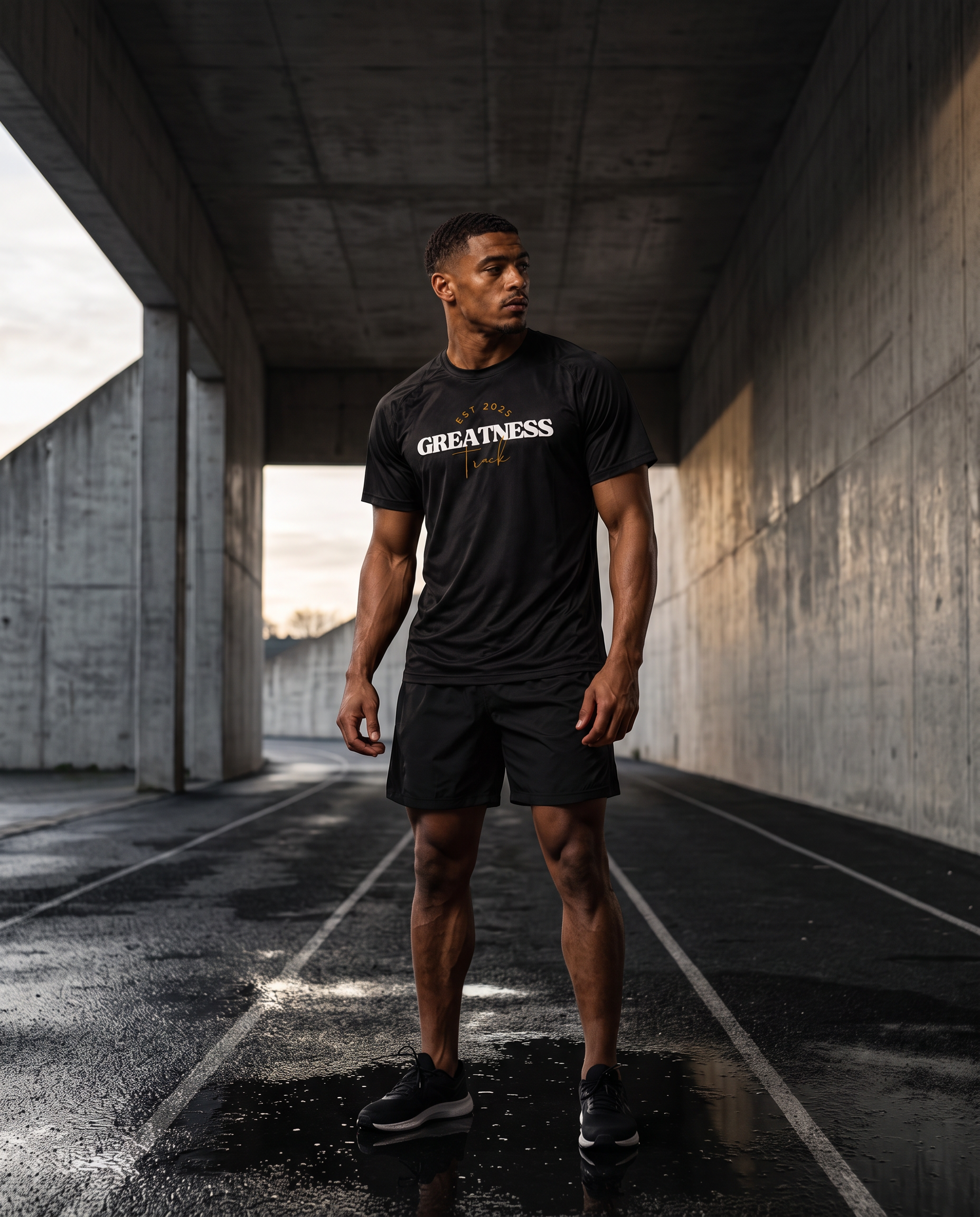 Athlete wearing the black GREATNESS Track Tee in a concrete stadium tunnel